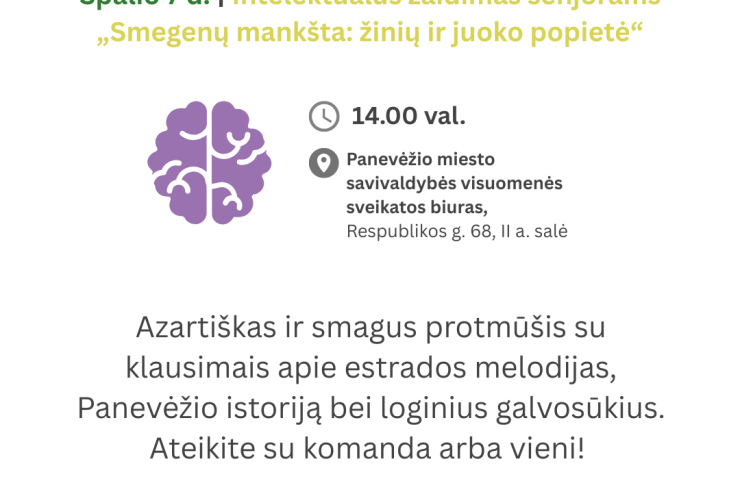 Intelektualus žaidimas senjorams „Smegenų mankšta: žinių ir juoko popietė“